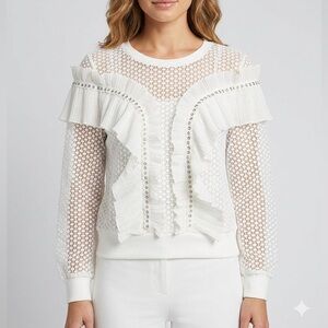 ALLISON New York White Lace Crochet Top studded ruffle blouse y2K boho chic L
